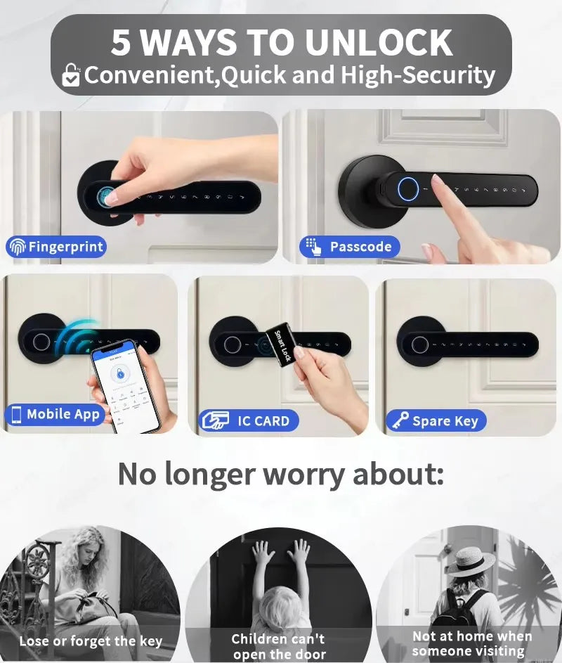 Shipping from Chile Smart Door Lock, 5 in 1 Electronic Lock, TTLOCK App, NFC, Fingerprints, Digital Password, Mechanical Key, Biometric Smart Door Lock for Bedroom Hotel Apartment Office
